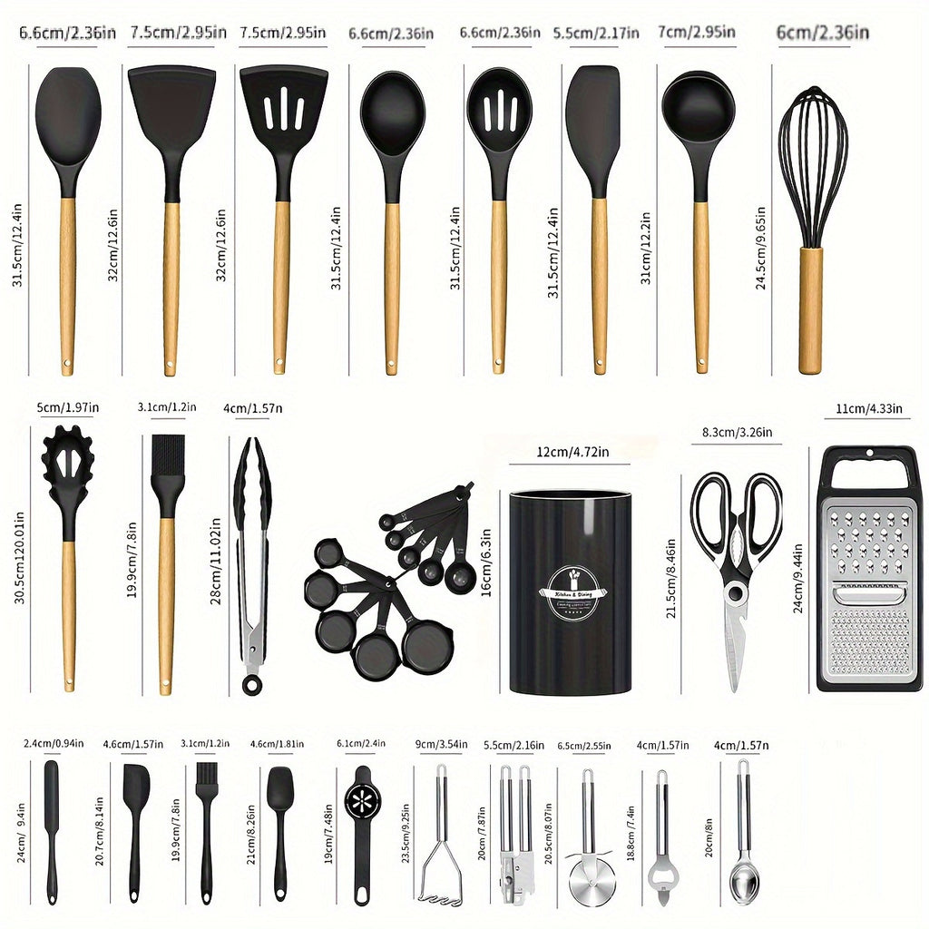 34 Piece Wooden Handle Silicone Kitchen Set