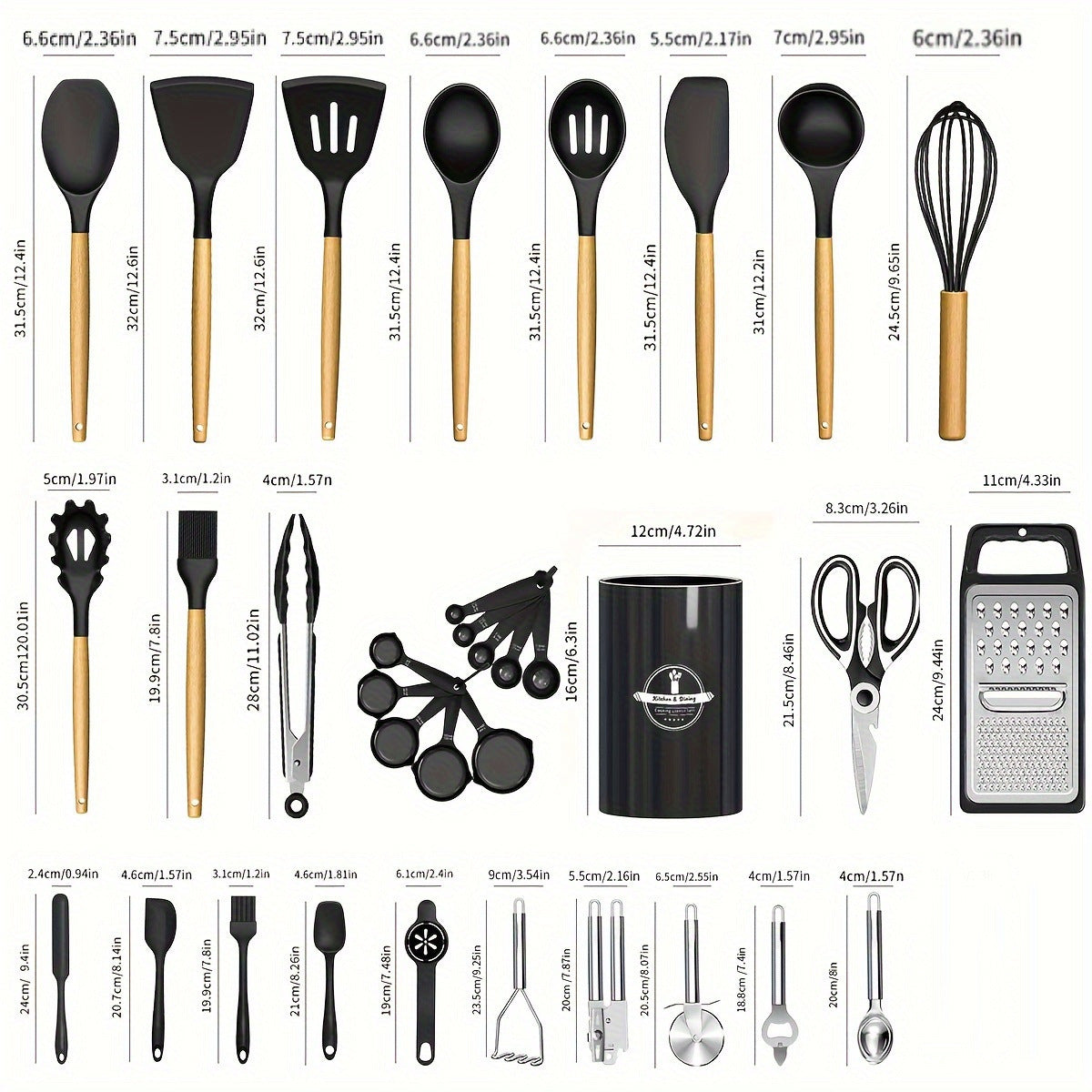 34 Piece Wooden Handle Silicone Kitchen Set