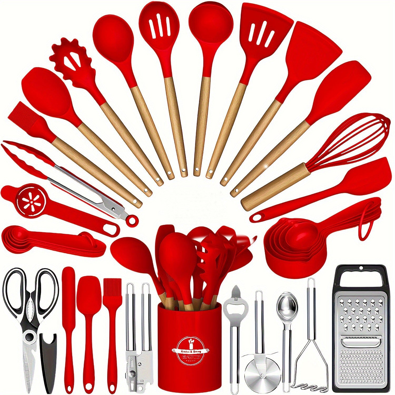 34 Piece Wooden Handle Silicone Kitchen Set
