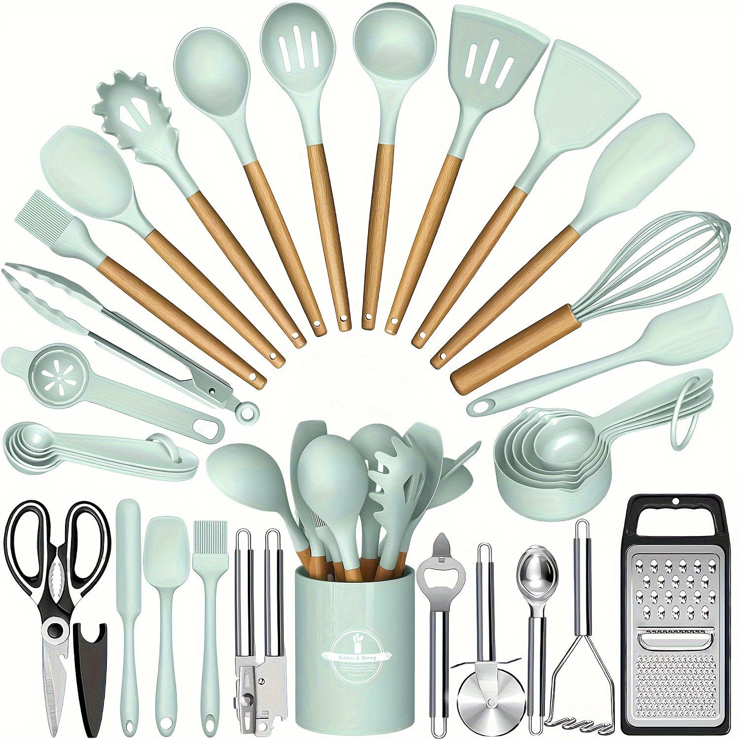34 Piece Wooden Handle Silicone Kitchen Set