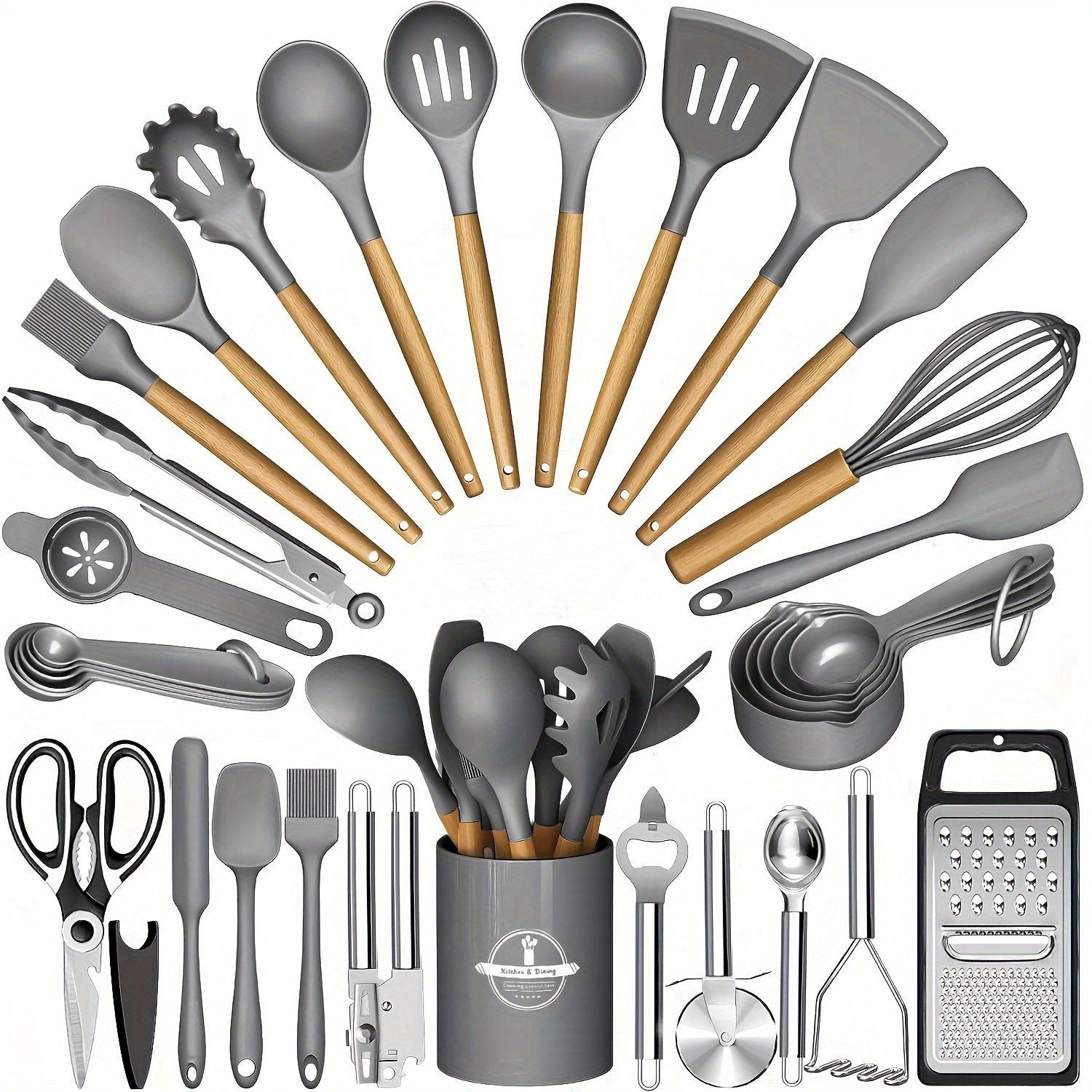 34 Piece Wooden Handle Silicone Kitchen Set