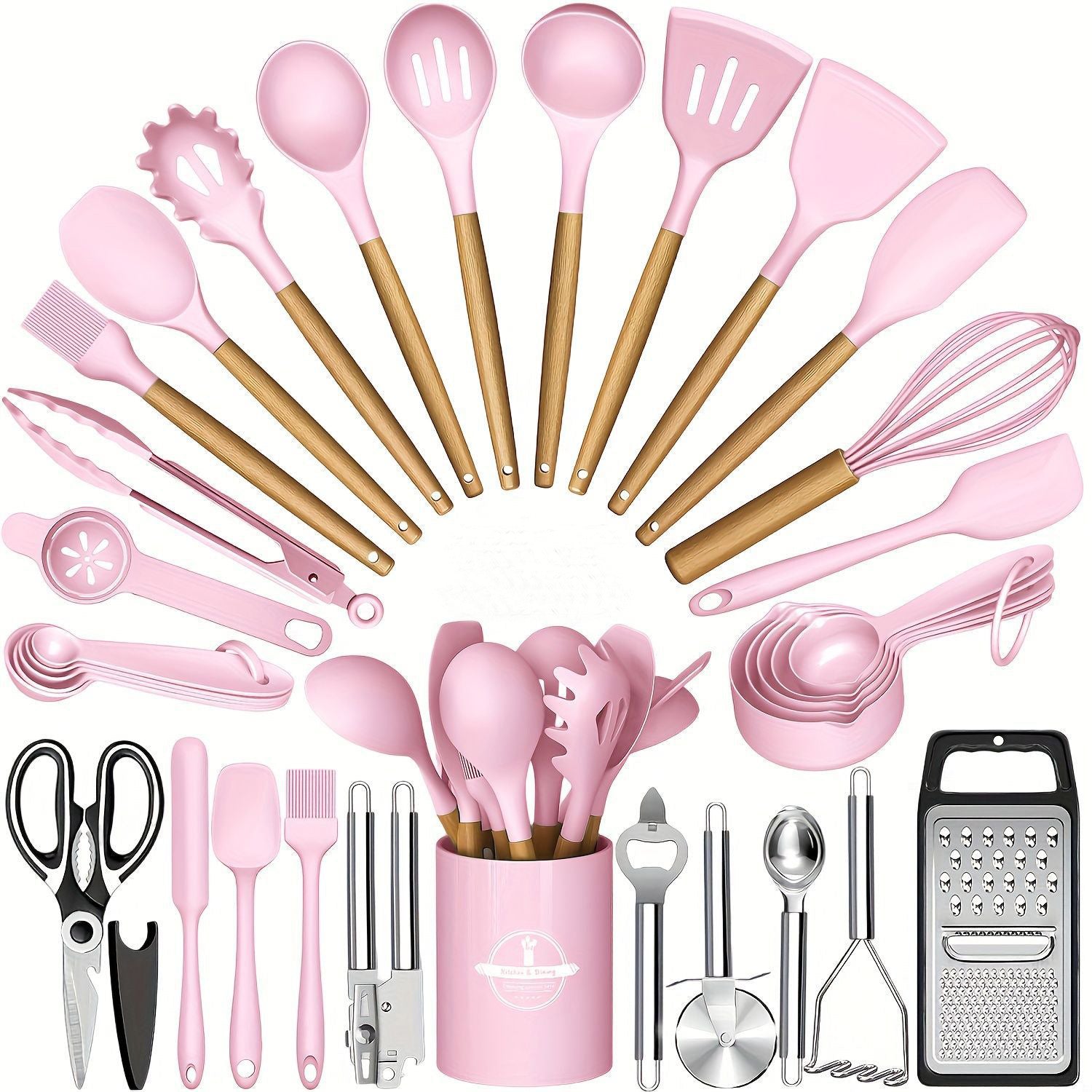 34 Piece Wooden Handle Silicone Kitchen Set