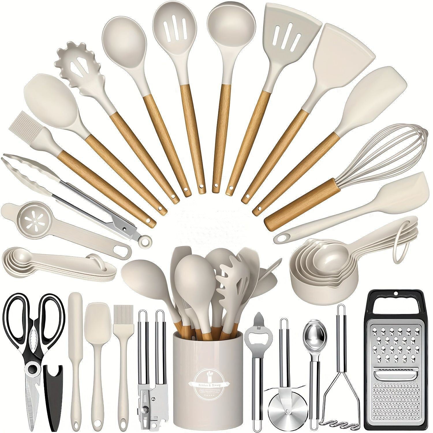 34 Piece Wooden Handle Silicone Kitchen Set