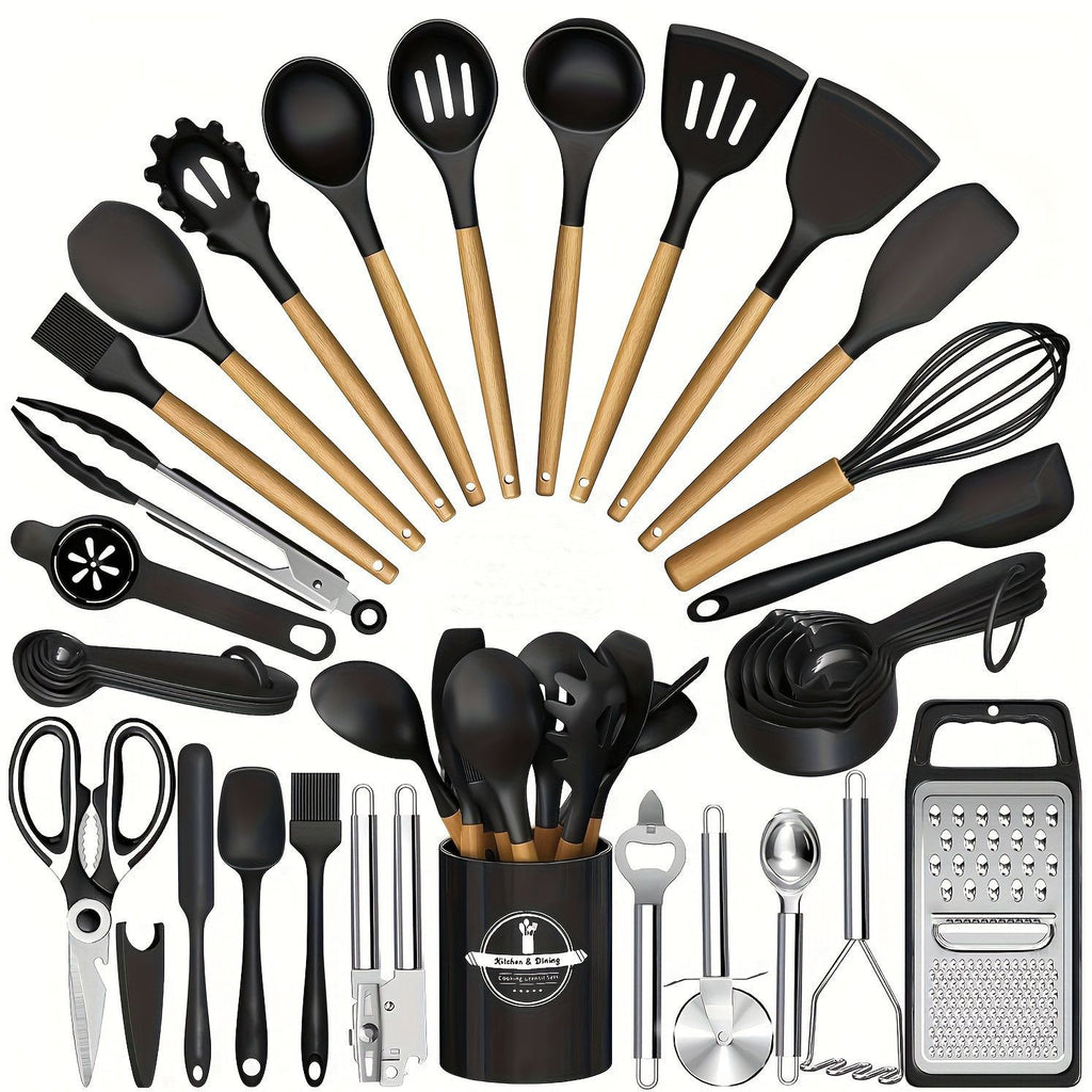 34 Piece Wooden Handle Silicone Kitchen Set