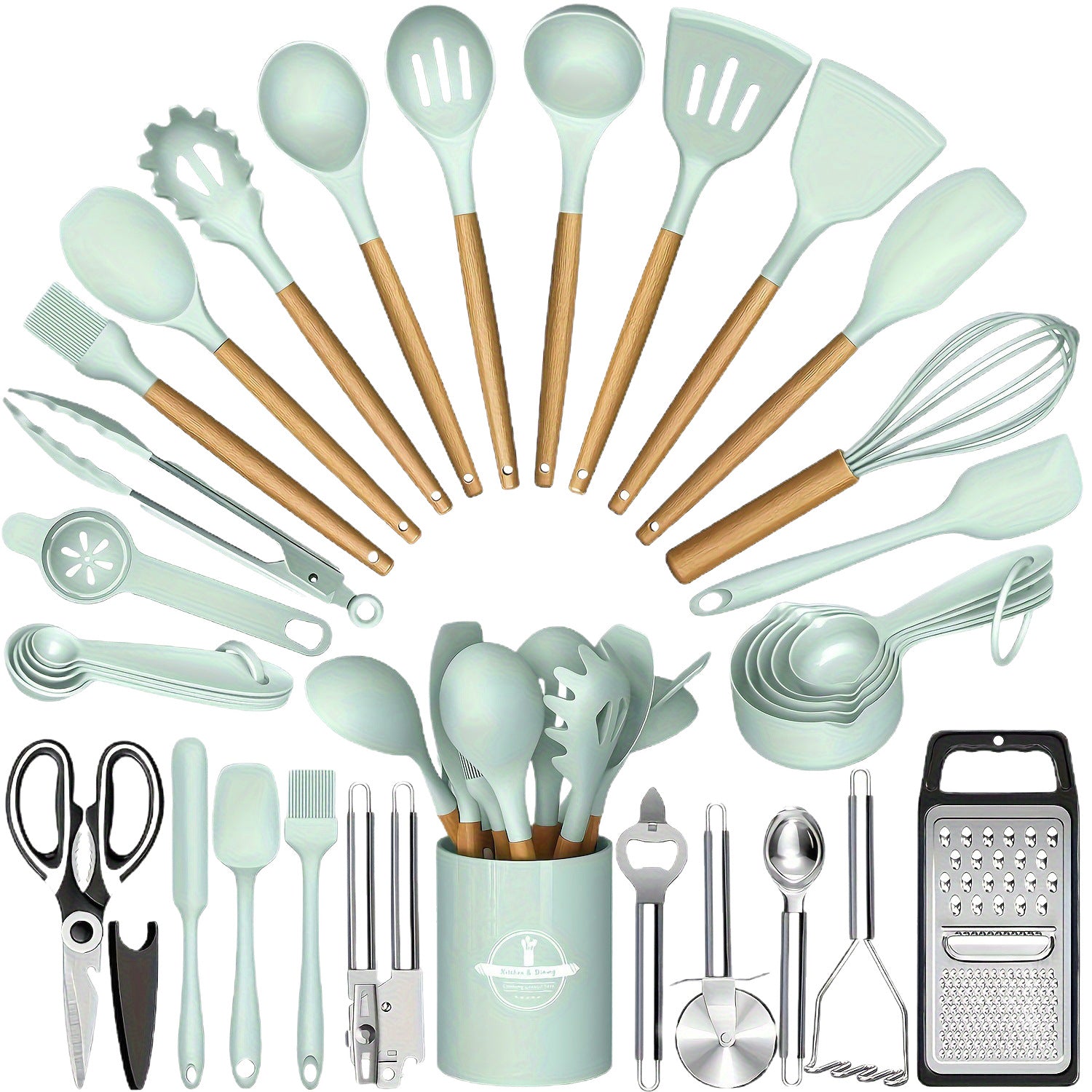 34 Piece Wooden Handle Silicone Kitchen Set