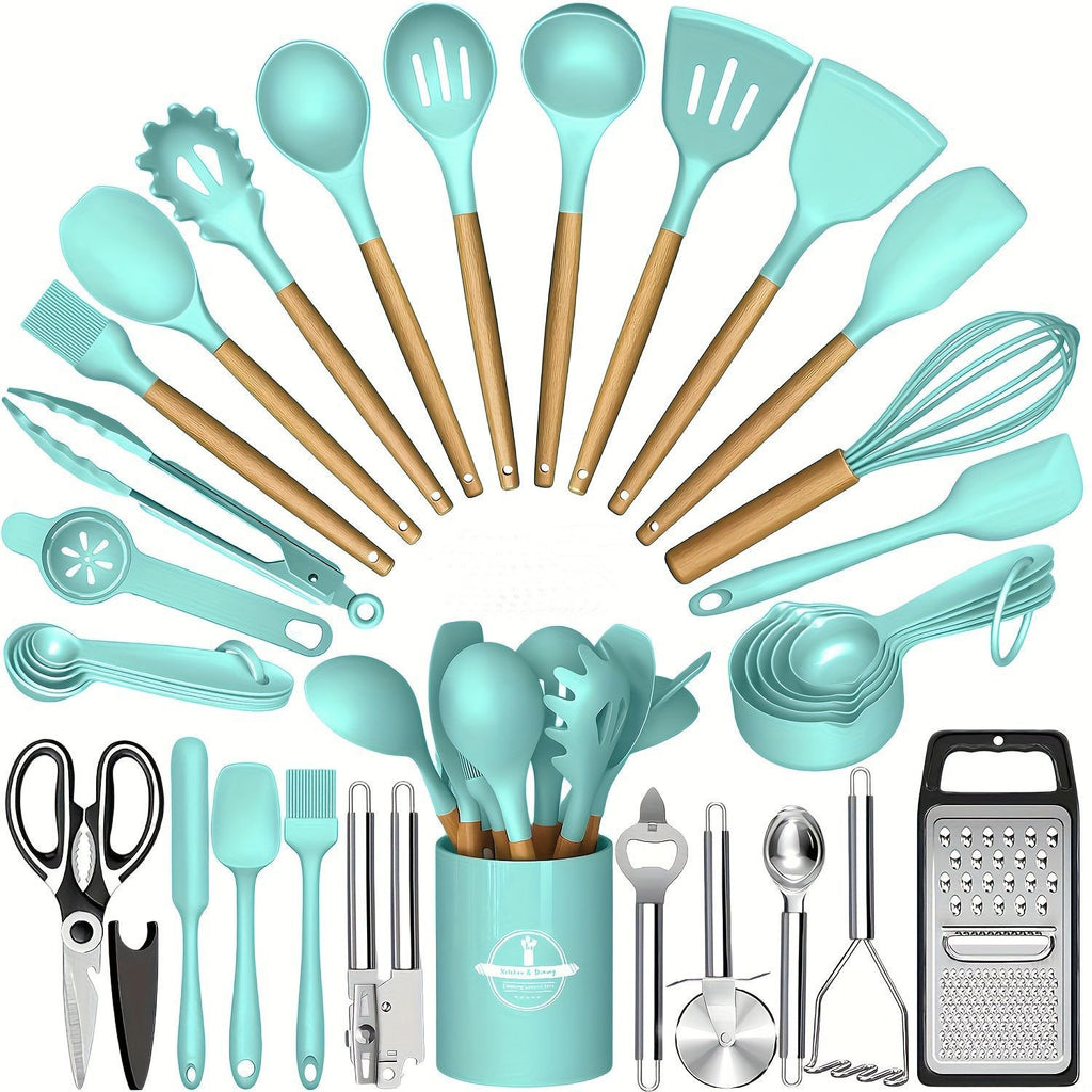 34 Piece Wooden Handle Silicone Kitchen Set