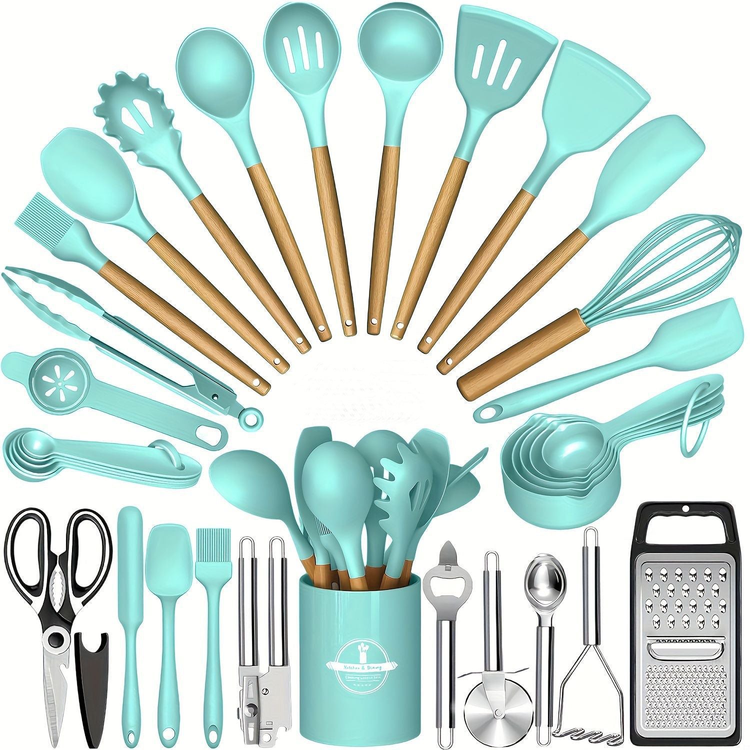 34 Piece Wooden Handle Silicone Kitchen Set